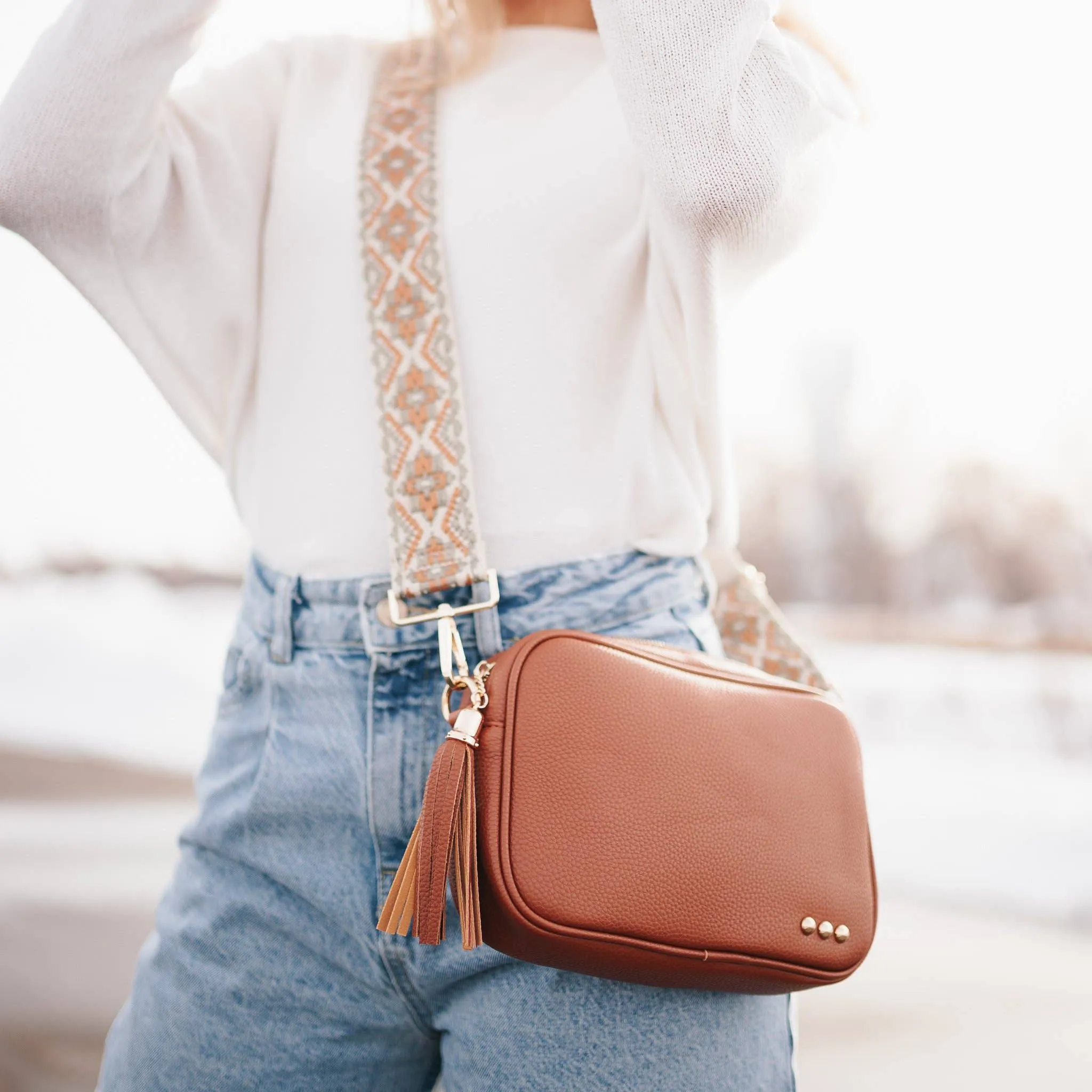 Camel Brown Camera Crossbody Tapestry Strap Bag